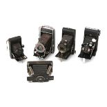 Five foldable roll film cameras, including, amongst others Penguin, Pontiac, Goerz, mainly 1910s/20s