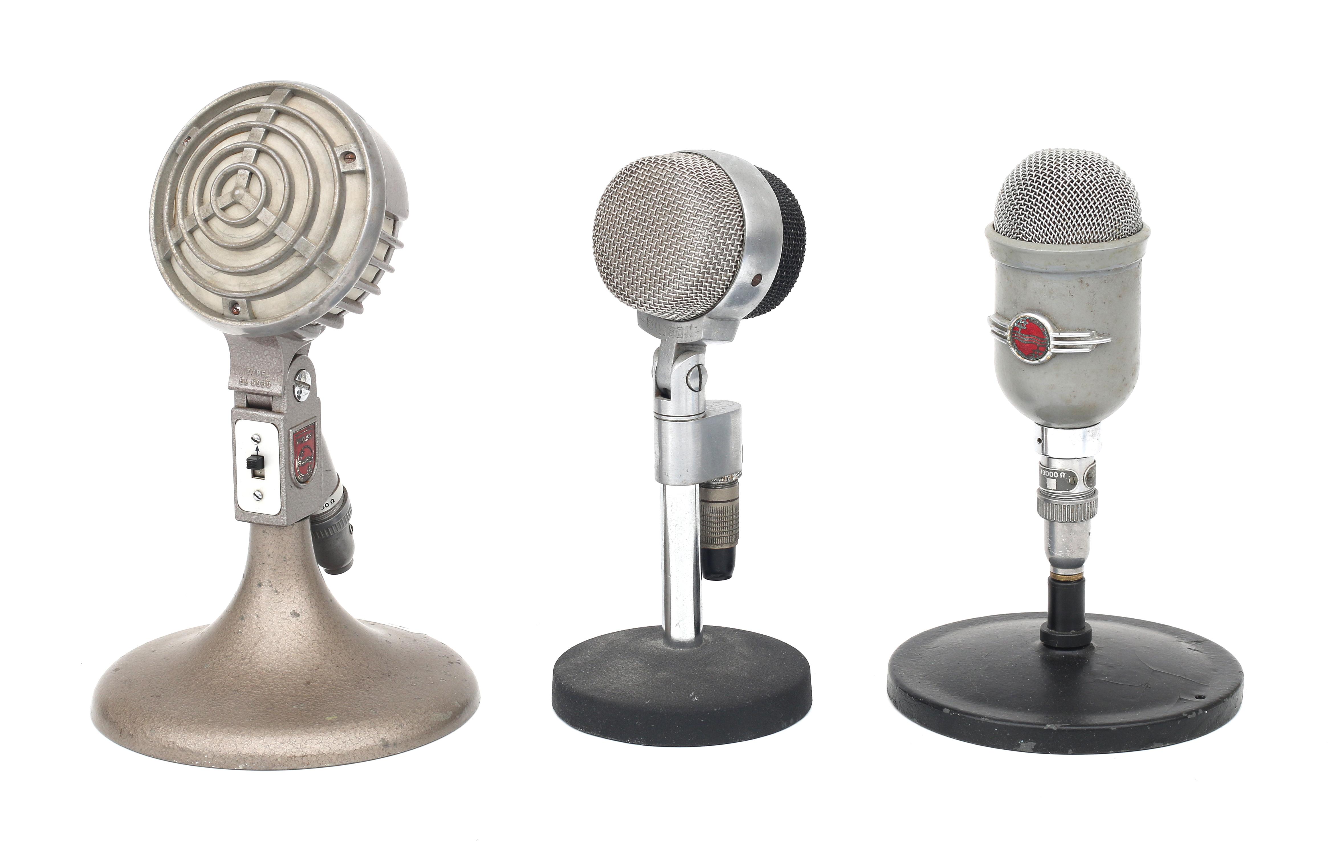 Three electrodynamic microphones: Philips, type 9585 & EL6030 and Binson B60, 1950s/60s. 