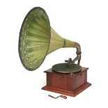 A horn gramophone with green tin horn, probably Germany, ca. 1910.