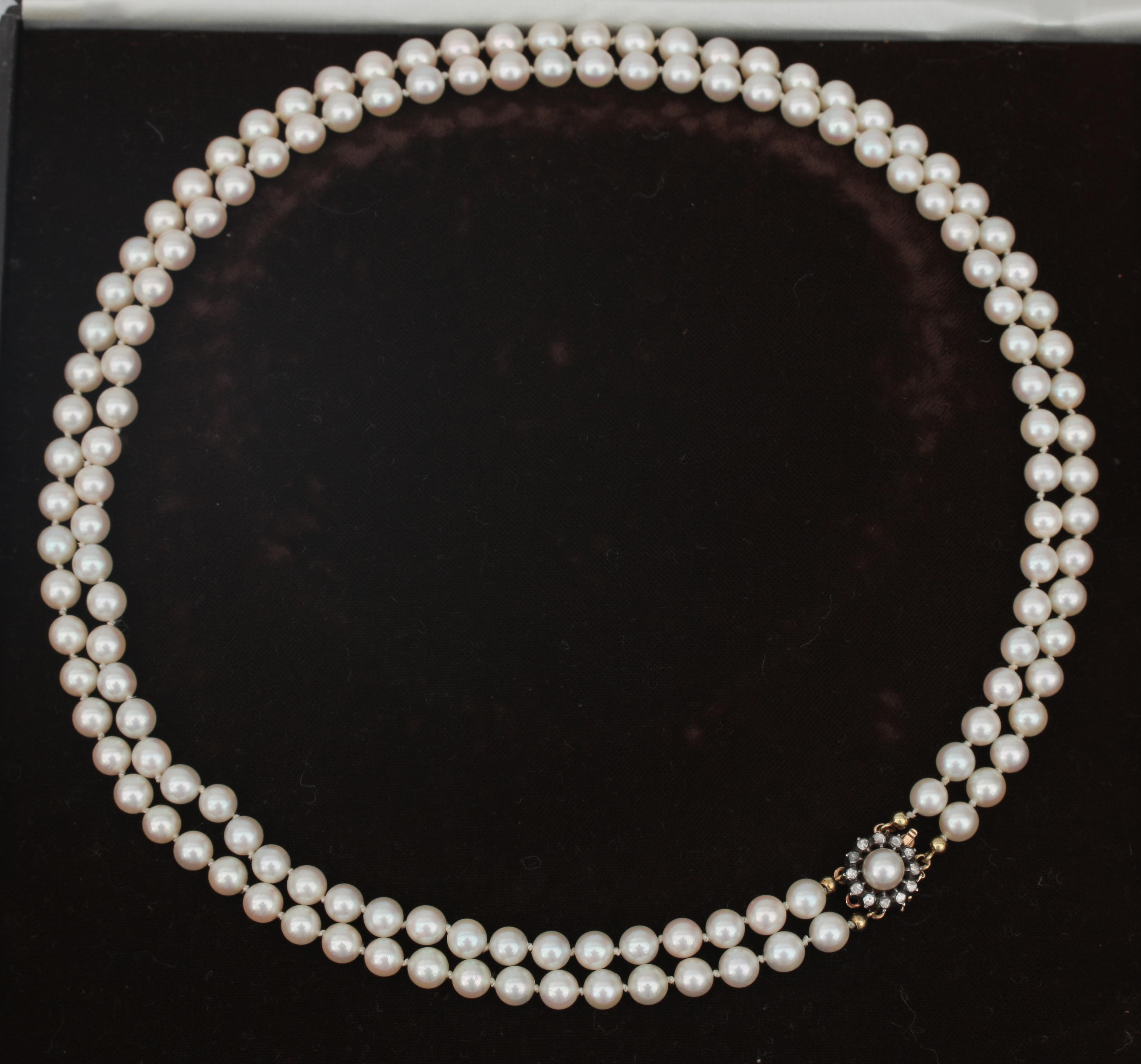A cultured Akoya pearl necklace to a rose cut diamond clasp