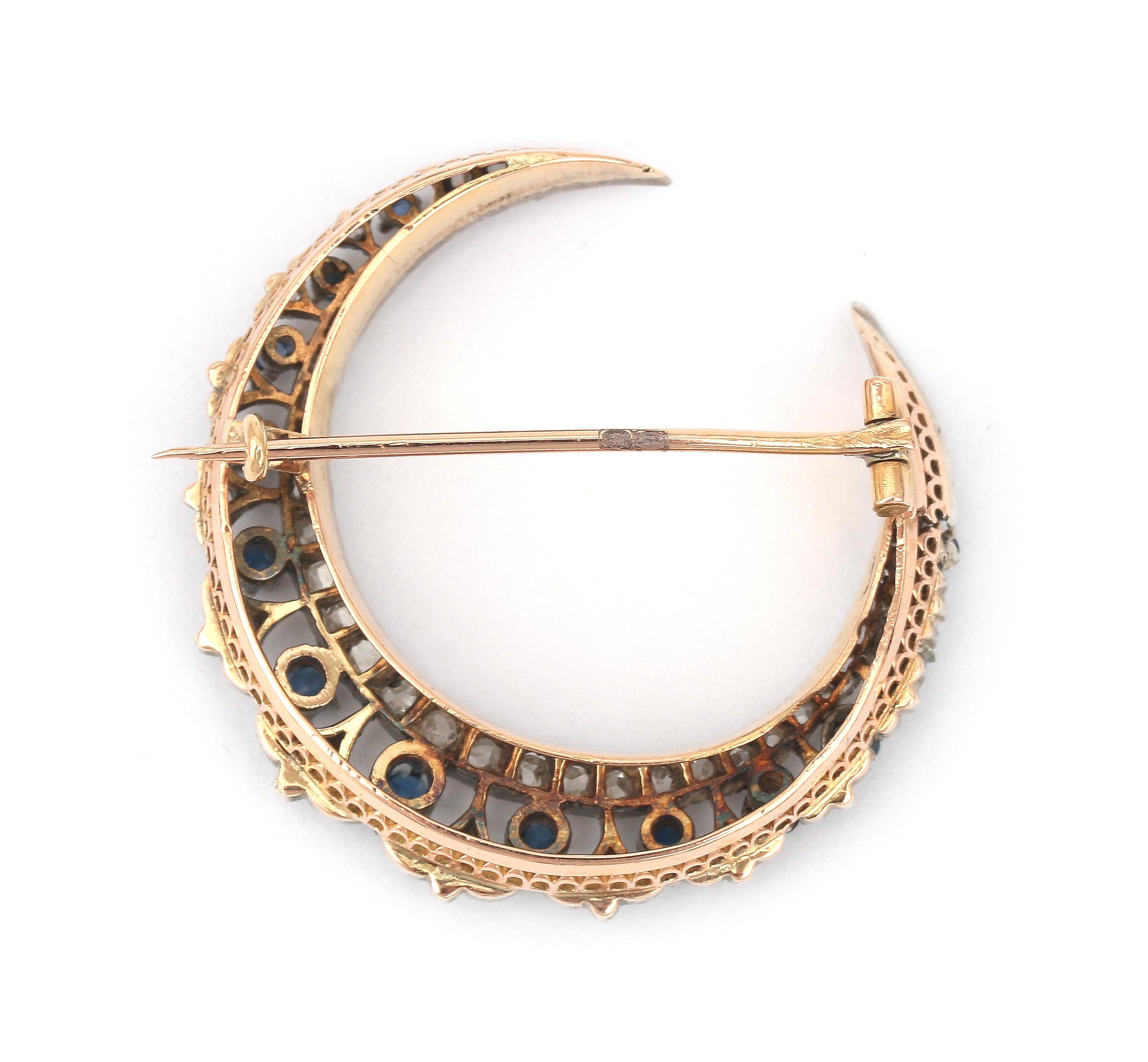 A 14 karat gold and silver sapphire and diamond crescent brooch - Image 3 of 4