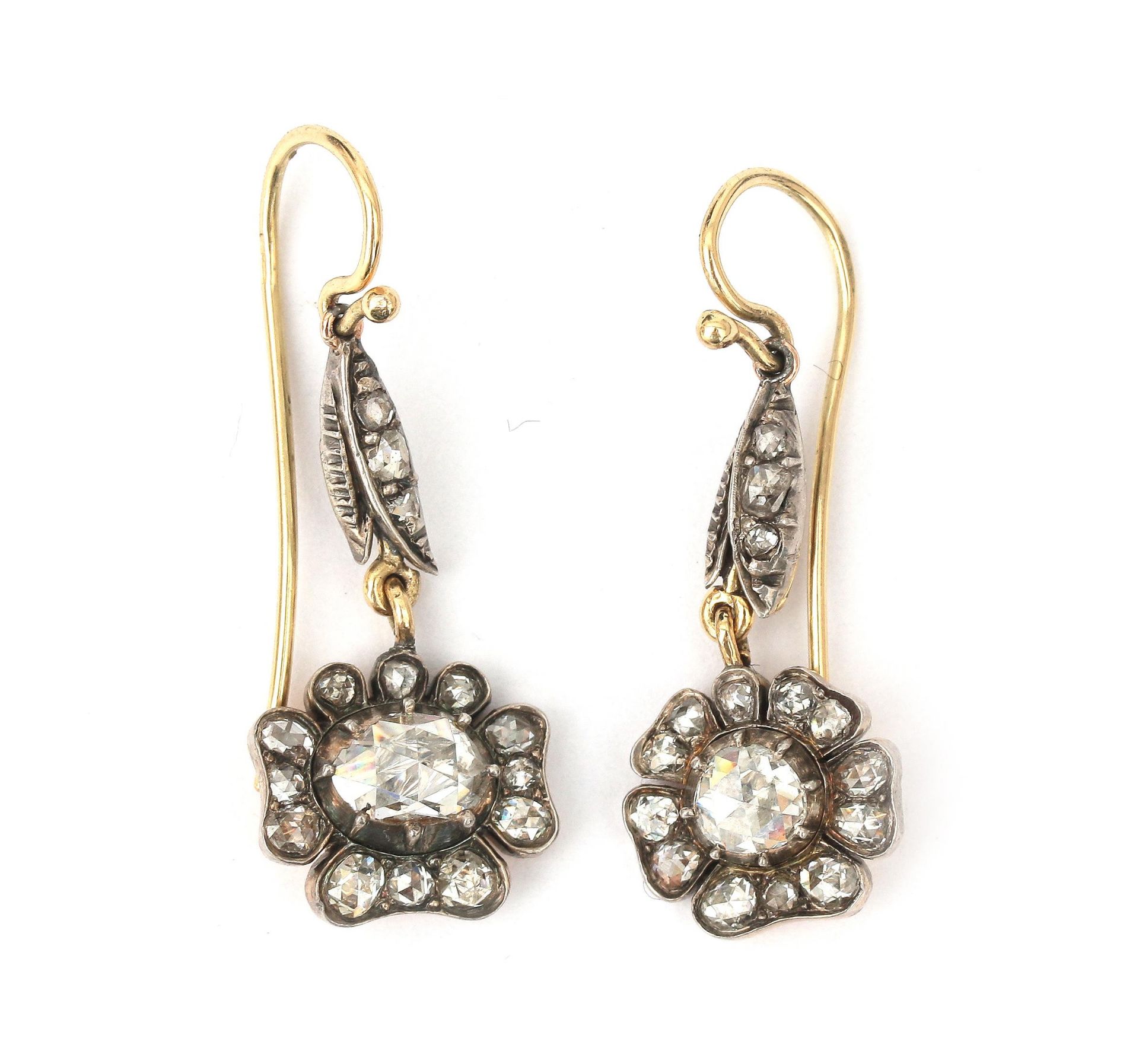 A pair of 14 karat gold and silver rose cut diamond cluster earrings