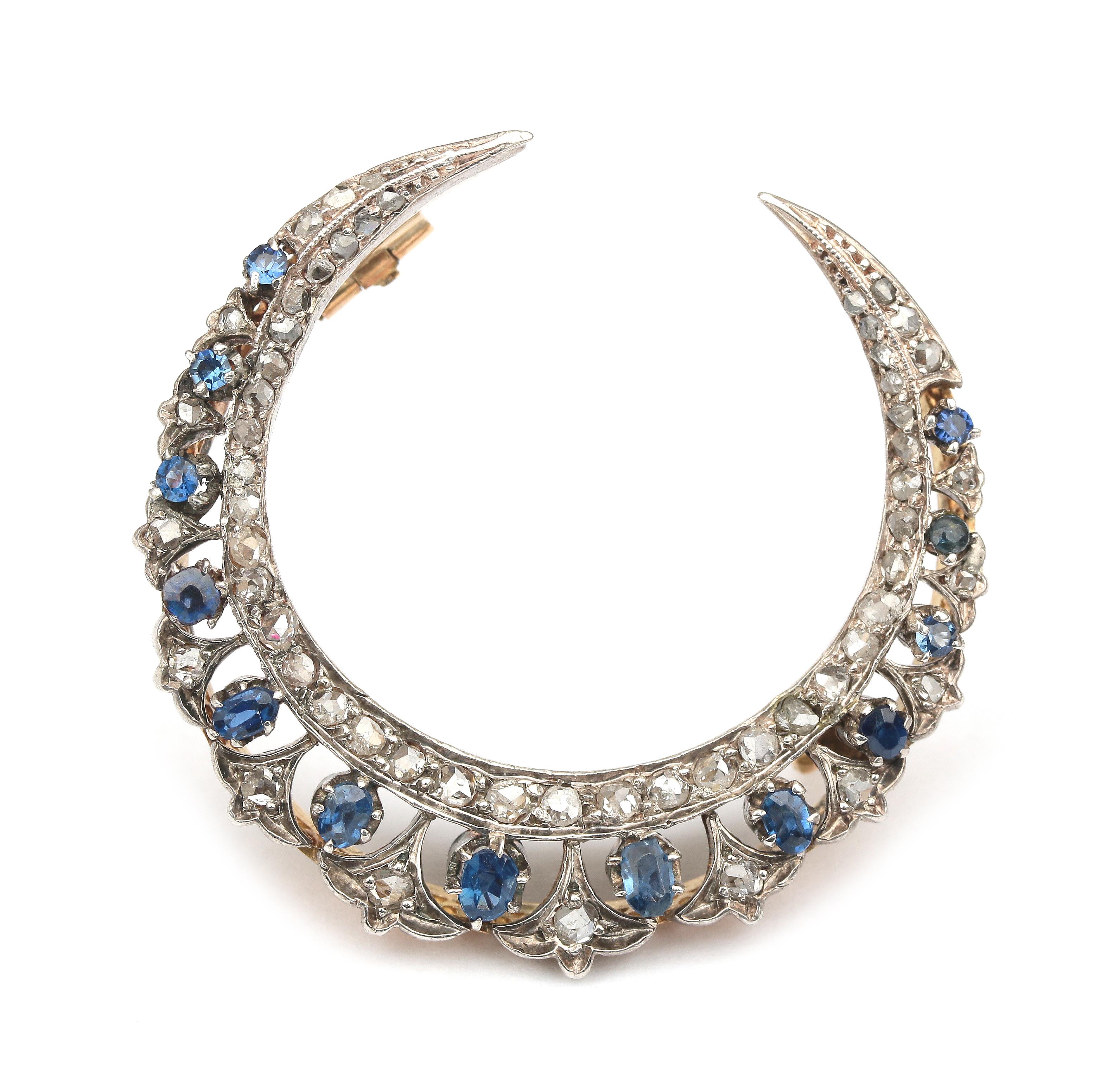 A 14 karat gold and silver sapphire and diamond crescent brooch - Image 4 of 4