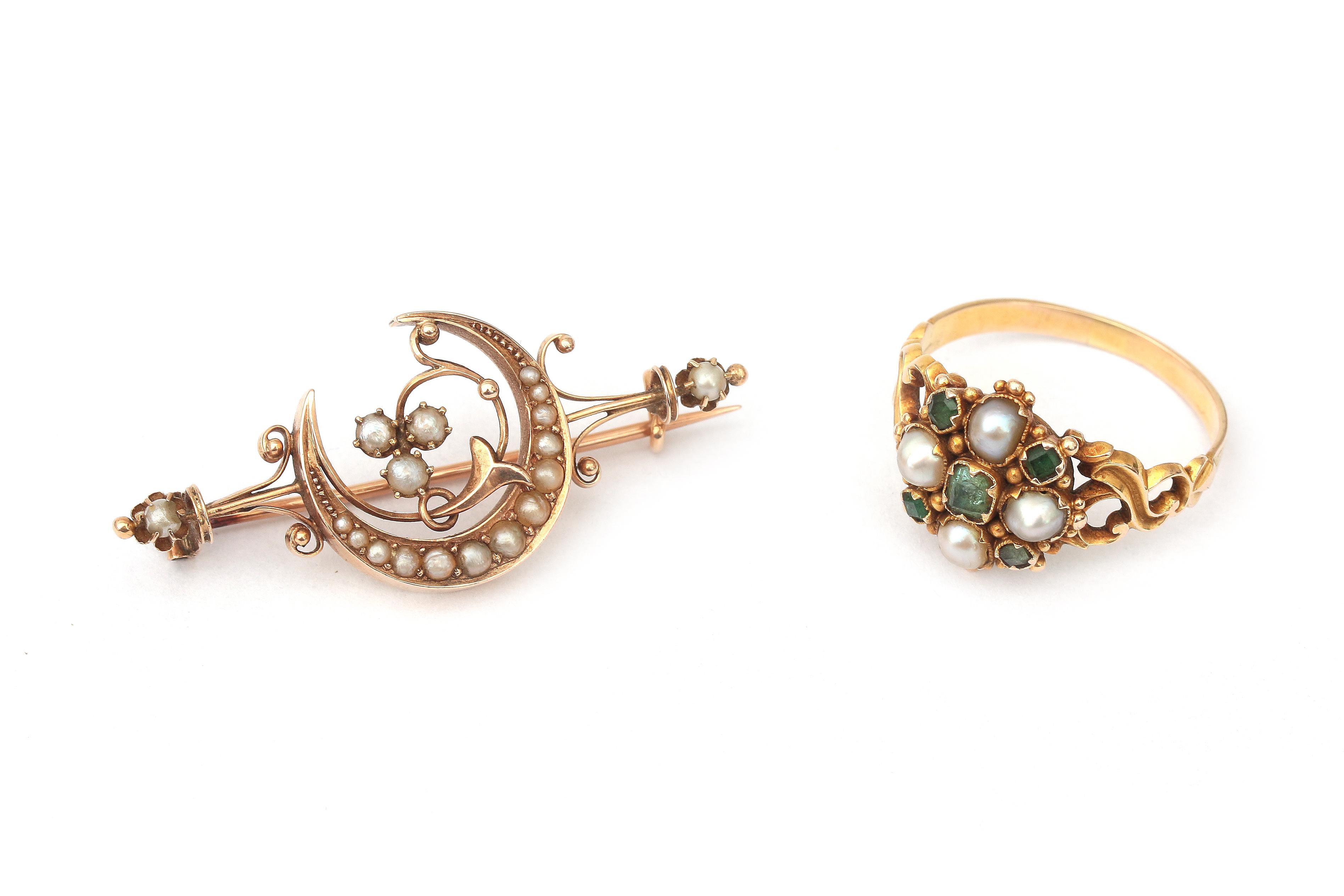 A gold Victorian ring and a 14 karat gold seed pearl brooch