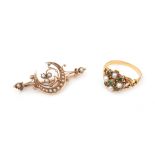 A gold Victorian ring and a 14 karat gold seed pearl brooch