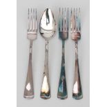 A silver table spoon and three forks, Haags lof.