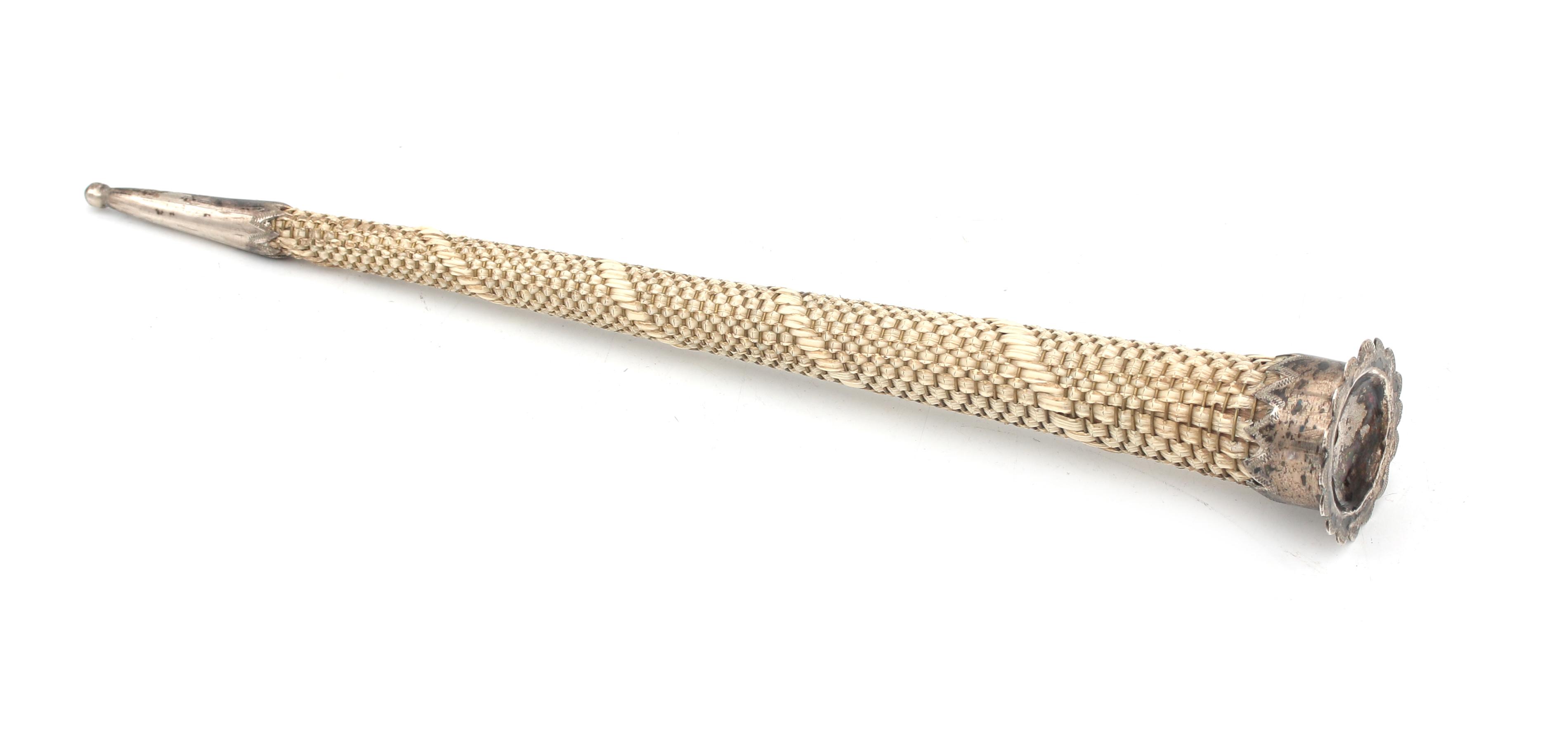 A silver mounted braided knitting needle holder, 1828-1849.