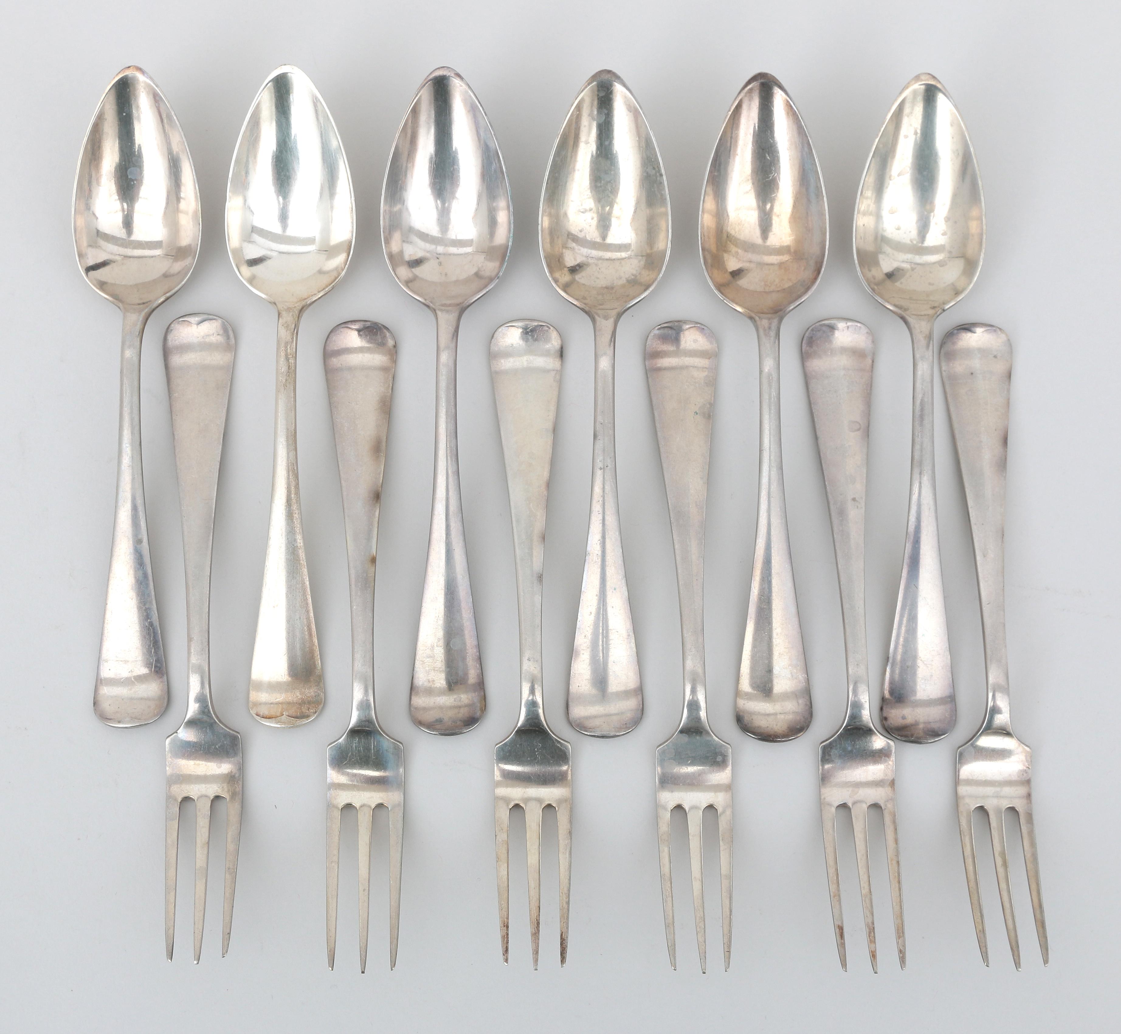 Six Dutch silver dessert spoons and forks, Haags lof.