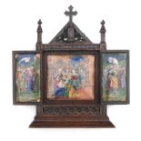 An oak triptych with enameled plaques, 19th century.