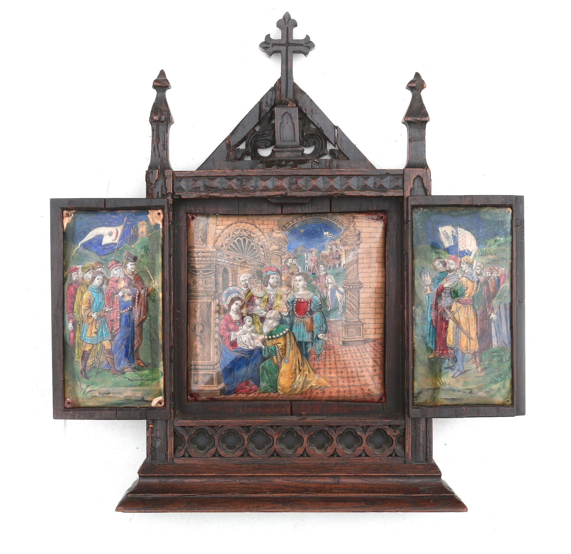 An oak triptych with enameled plaques, 19th century.