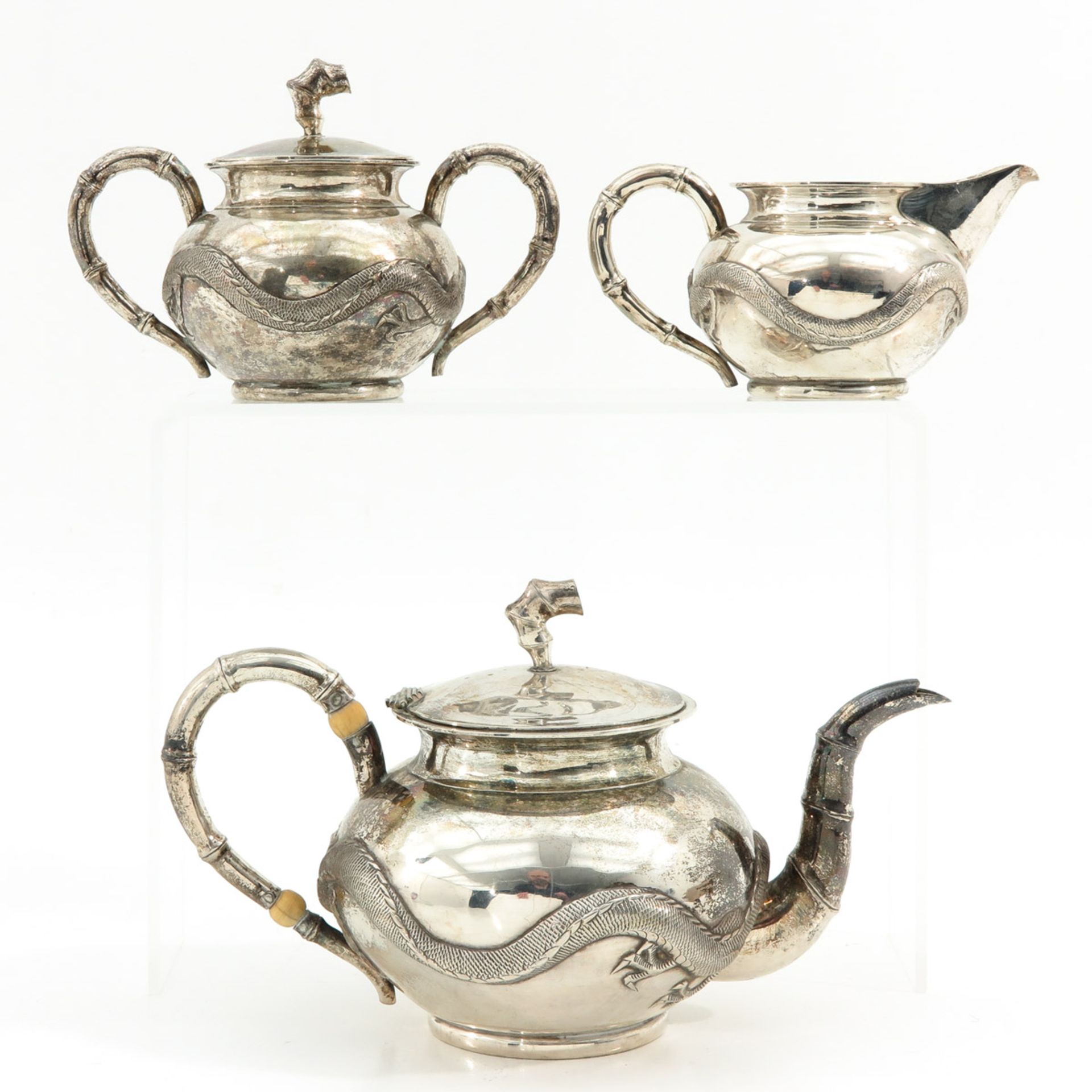 A 3 Piece Chinese Silver Tea Service - Image 3 of 10