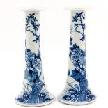 A Pair of Blue and White Candlesticks