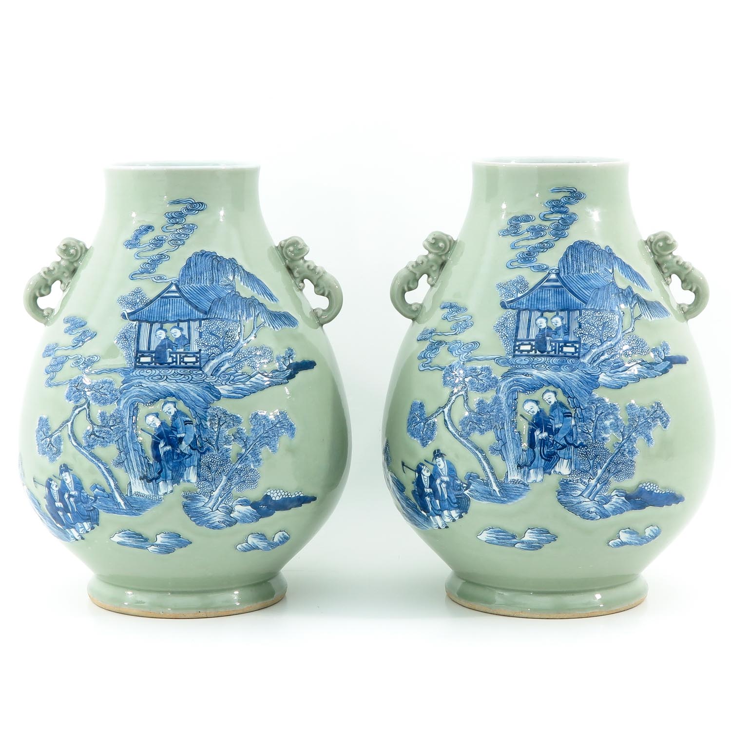 A Pair of Celadon and Blue Hu Vases