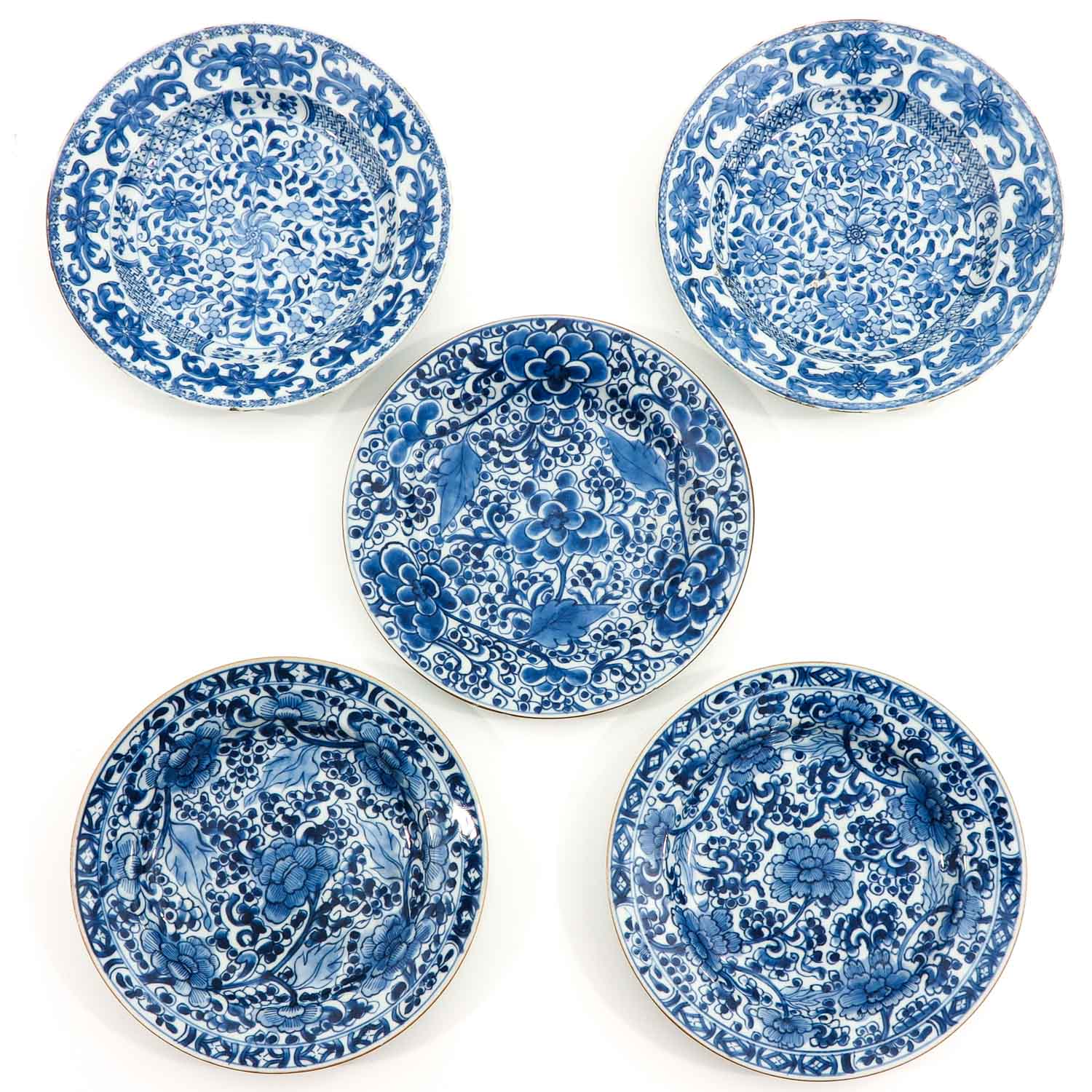 A Series of 5 Blue and White Plates