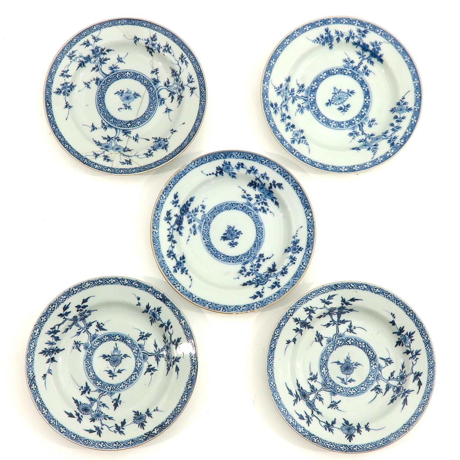 A Collection of 5 Blue and White Plates