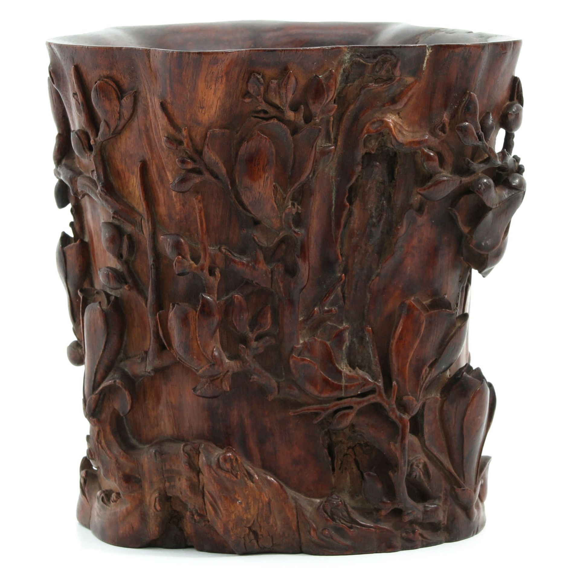 A Carved Wood Brush Pot
