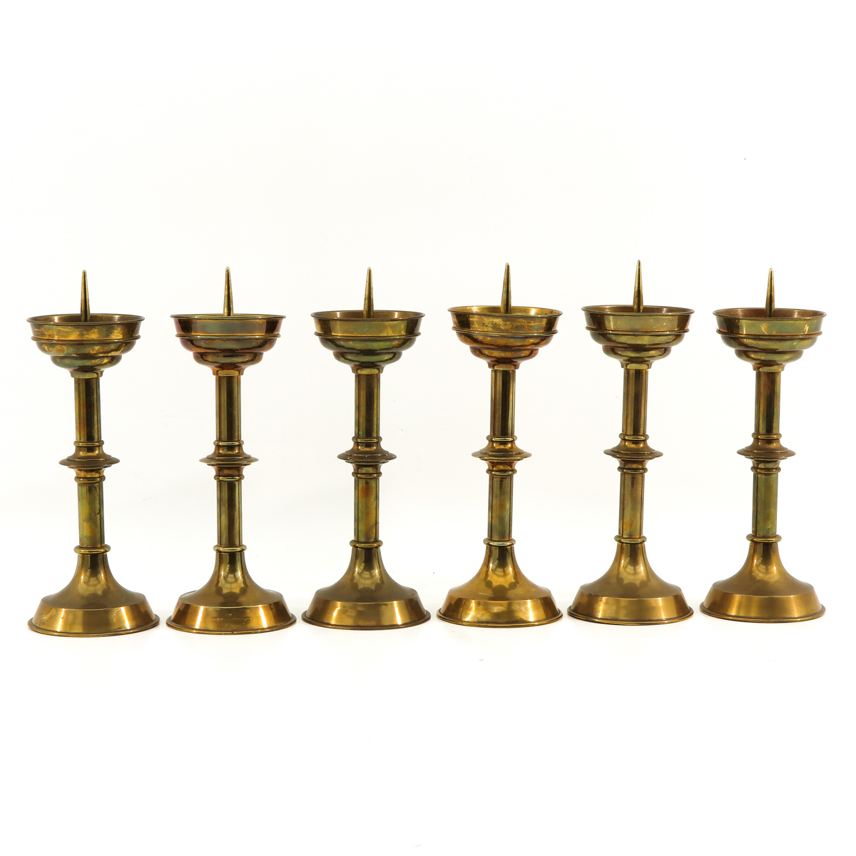 A Set of 6 Yellow Copper Altar Candlesticks - Image 4 of 8