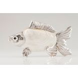 A fishSilver and bivalve shell Moulded, repousse and engraved silver with onyx eyes Rabbit hallm