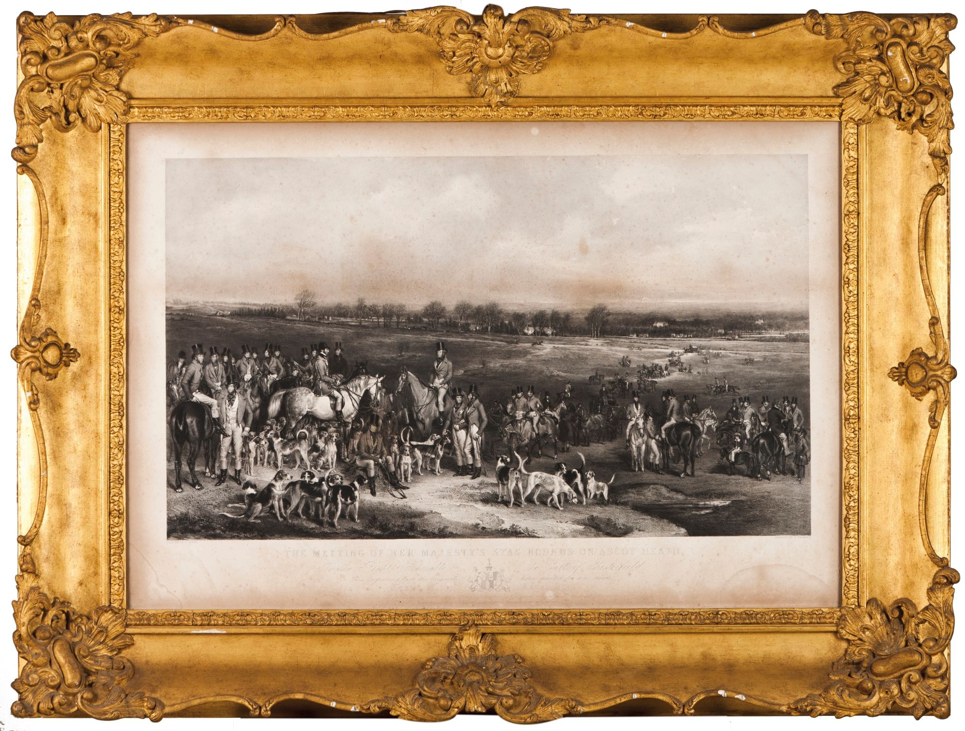 "The Meeting of her Majesty's Stag hounds on Ascot Heath"Black print on paper Drawn by Francis G