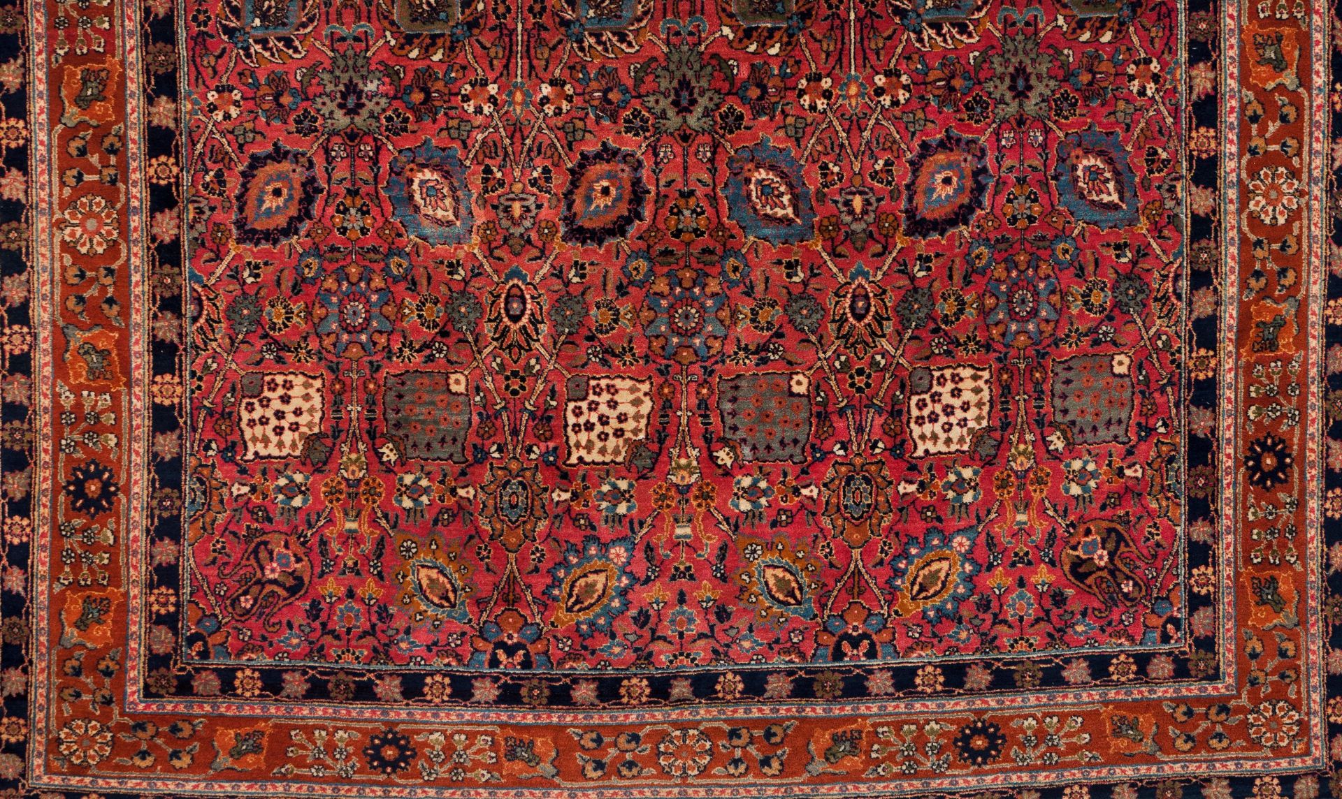 A Malayer rug, IranWool and cotton Floral pattern in red, blue and beige shades (signs of wear)<