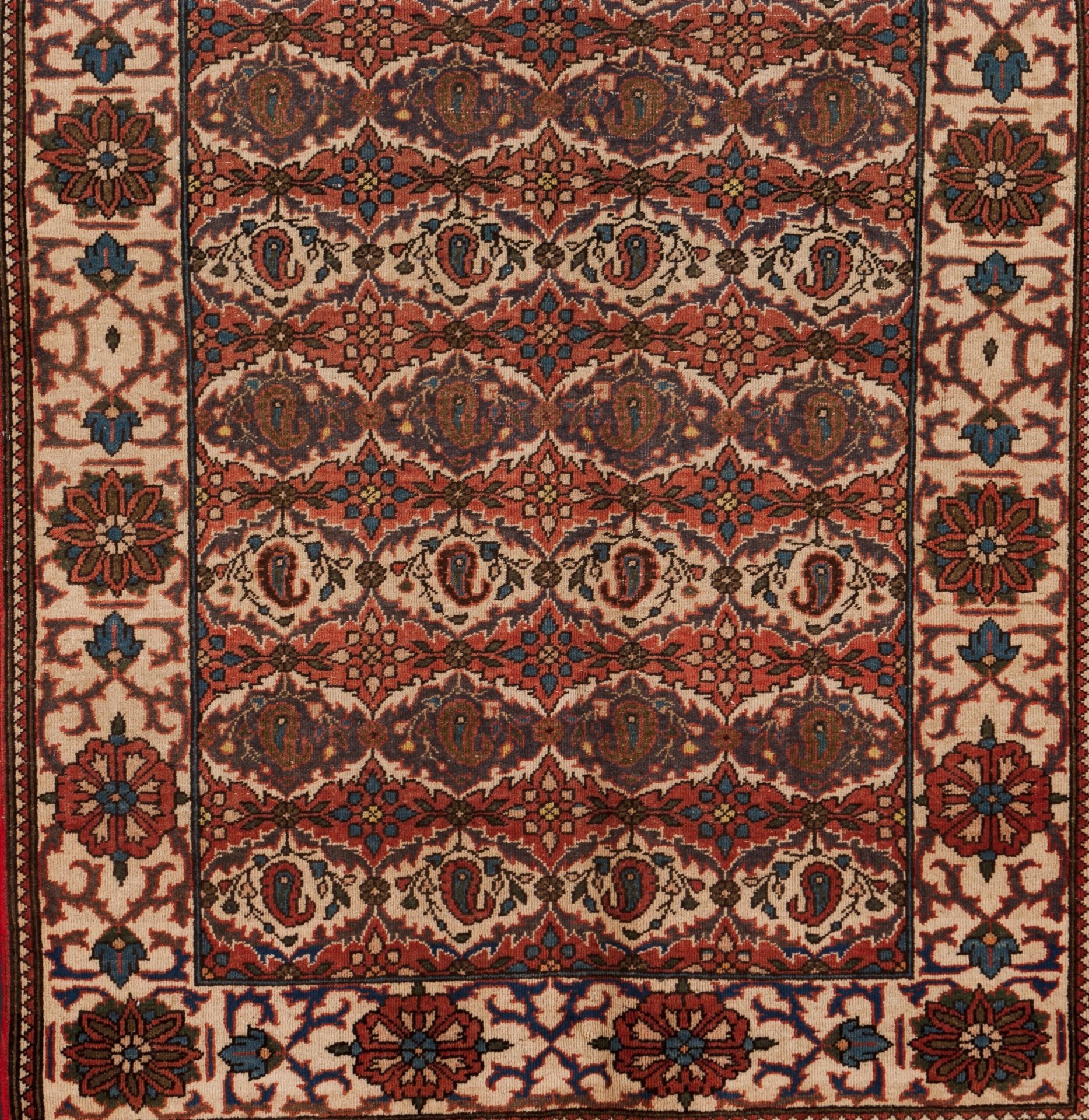 A Bakhtiari rug, IranWool and cotton of geometric and floral pattern in beige, bordeaux and blue