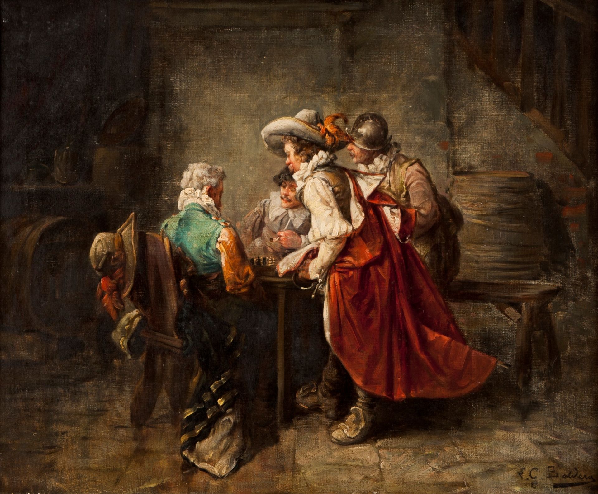 An interior scene with musketeers