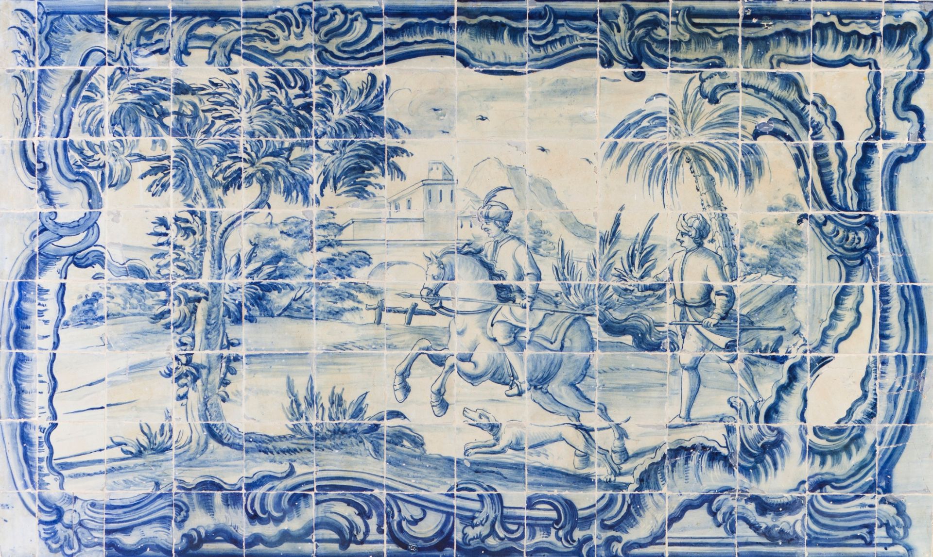 Hunting scenePanel comprising 112 tiles, baroque frame Portugal, 18th century (restorations)