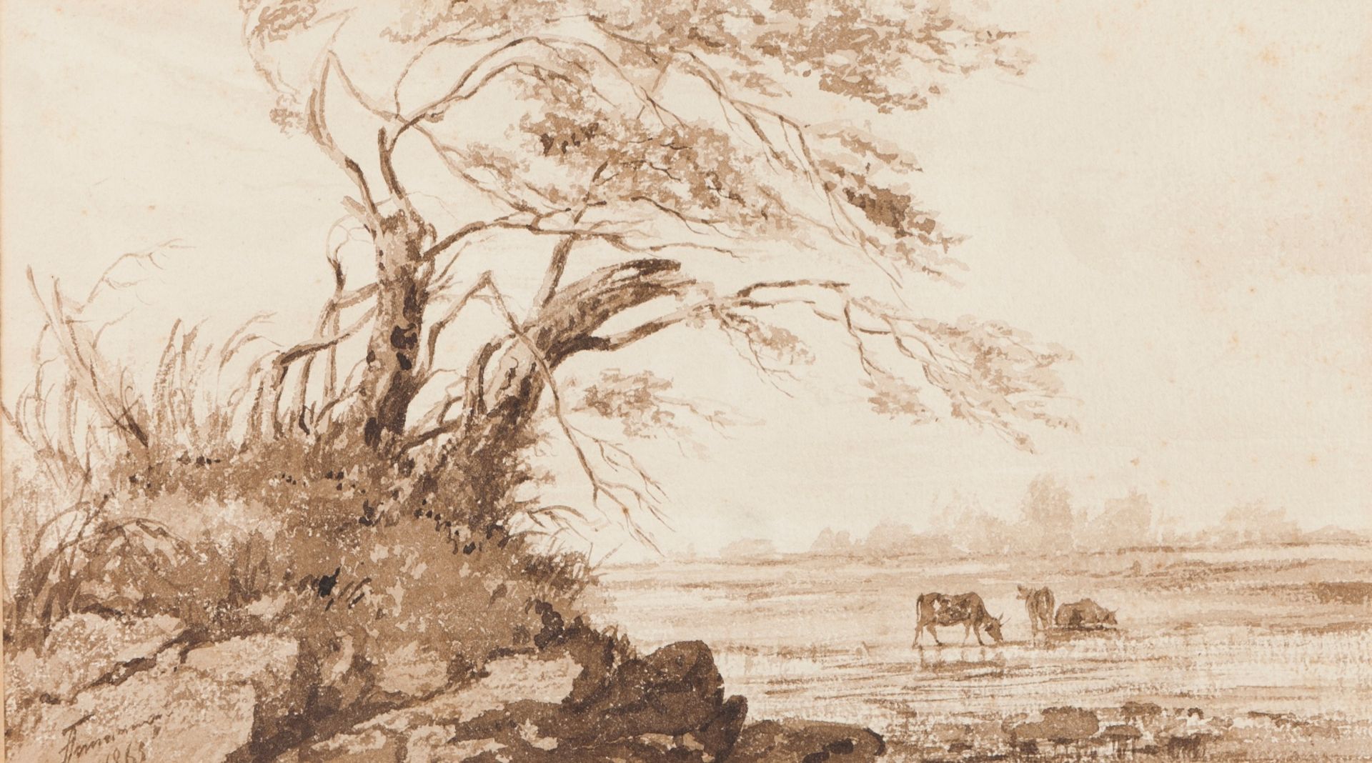 Tomás da Anunciação (1818-1879)A landscape with tress, lake and drinking cattleWatercolour on pa