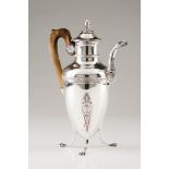 A coffee pot with coverFrench silver Empire style, plain urn shaped body of engraved foliage ban