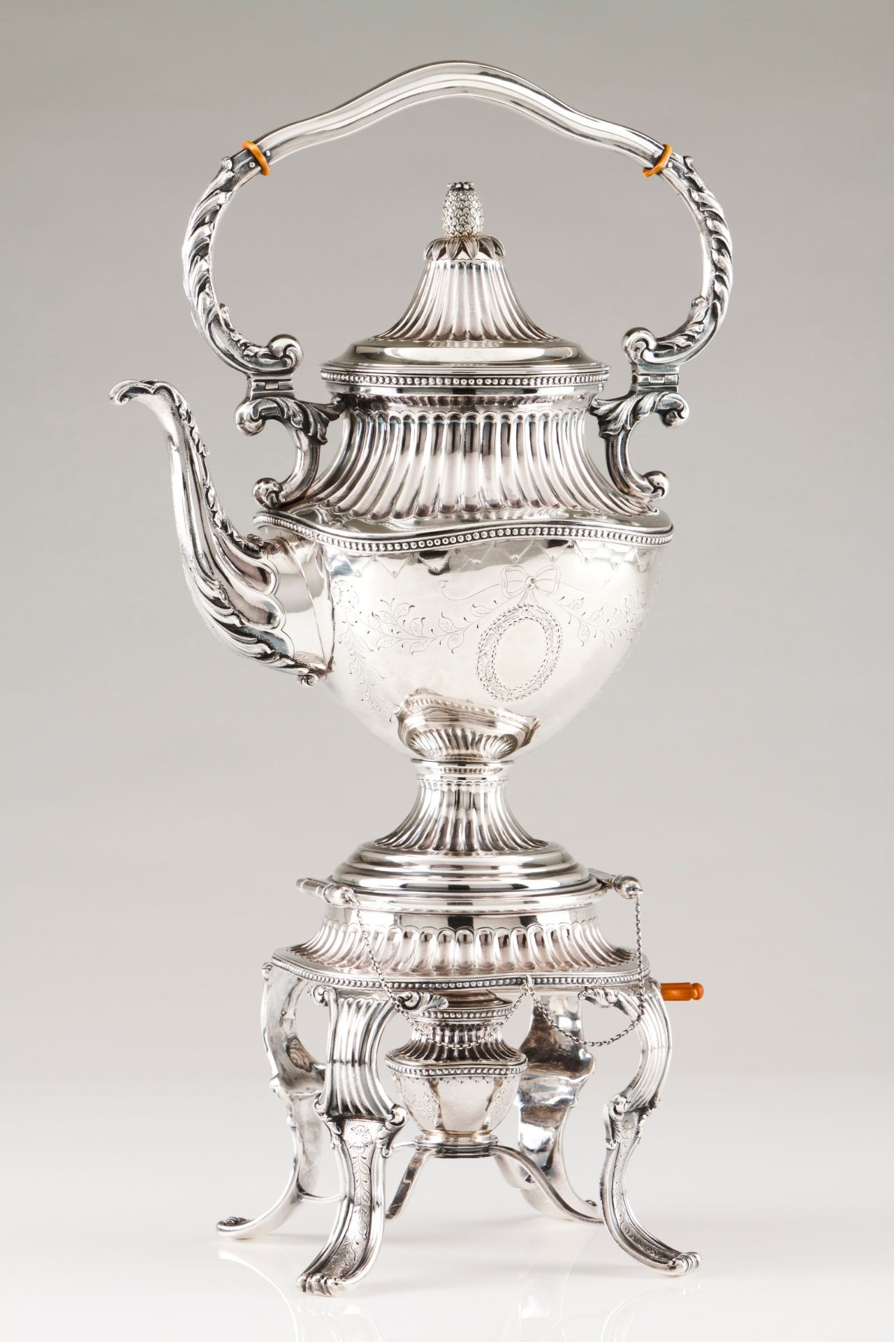 A kettle on stand and burnerPortuguese silver D.Maria style decoration of part fluted body of fo