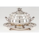 A tureen with cover and trayPortuguese silver Oval shaped body of wide gadroons with fruit band