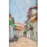 Acácio Lino (1878-1956)"A street view"Oil on canvas applied on cardboard Signed and inscribed<br