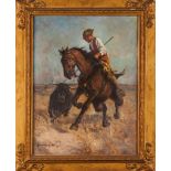 Simão da Veiga (1879-1963)A cattle herder on horseback and bullOil on canvas Signed67x51