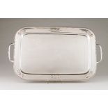 A large traySilver Rectangular shaped of rounded corners, and lip of raised floral decoration wi