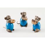 Set of three mice holding geodesSilver and blue hard stone egg Moulded and engraved sculpture wi