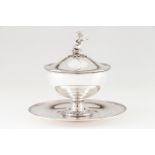 A tureen with cover and trayPortuguese silver Plain circular body on a foot of spiralled volutes