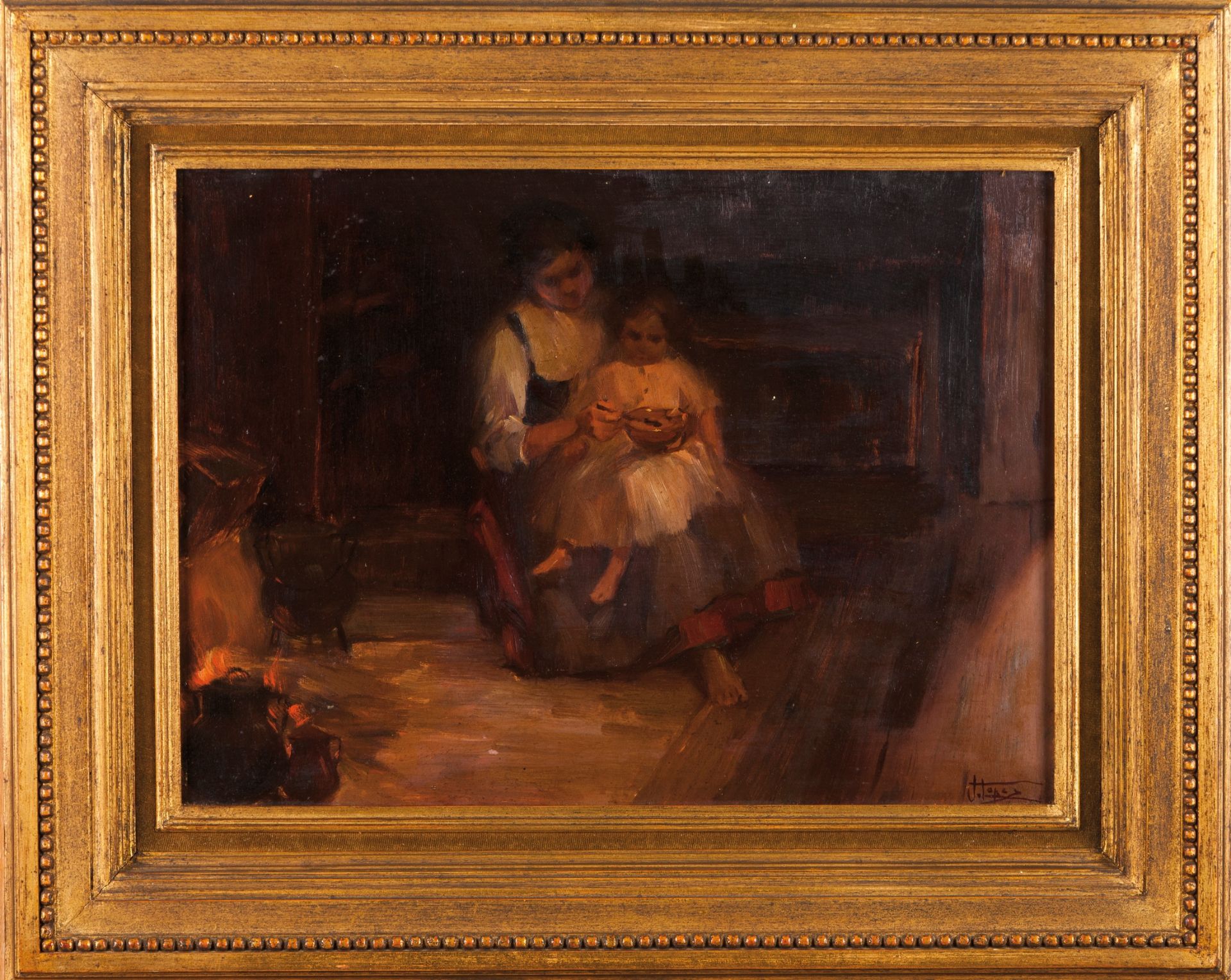 Joaquim Lopes (1886-1956)An interior scene with a lady and a girlOil on panel Signed29x3