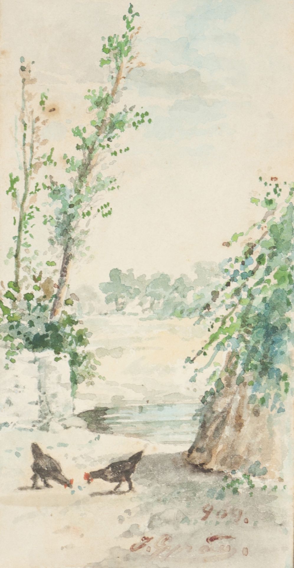 Moura Girão (1840-1916)Landscape with chickensWatercolour, signed and dated 90916,5x9 cm