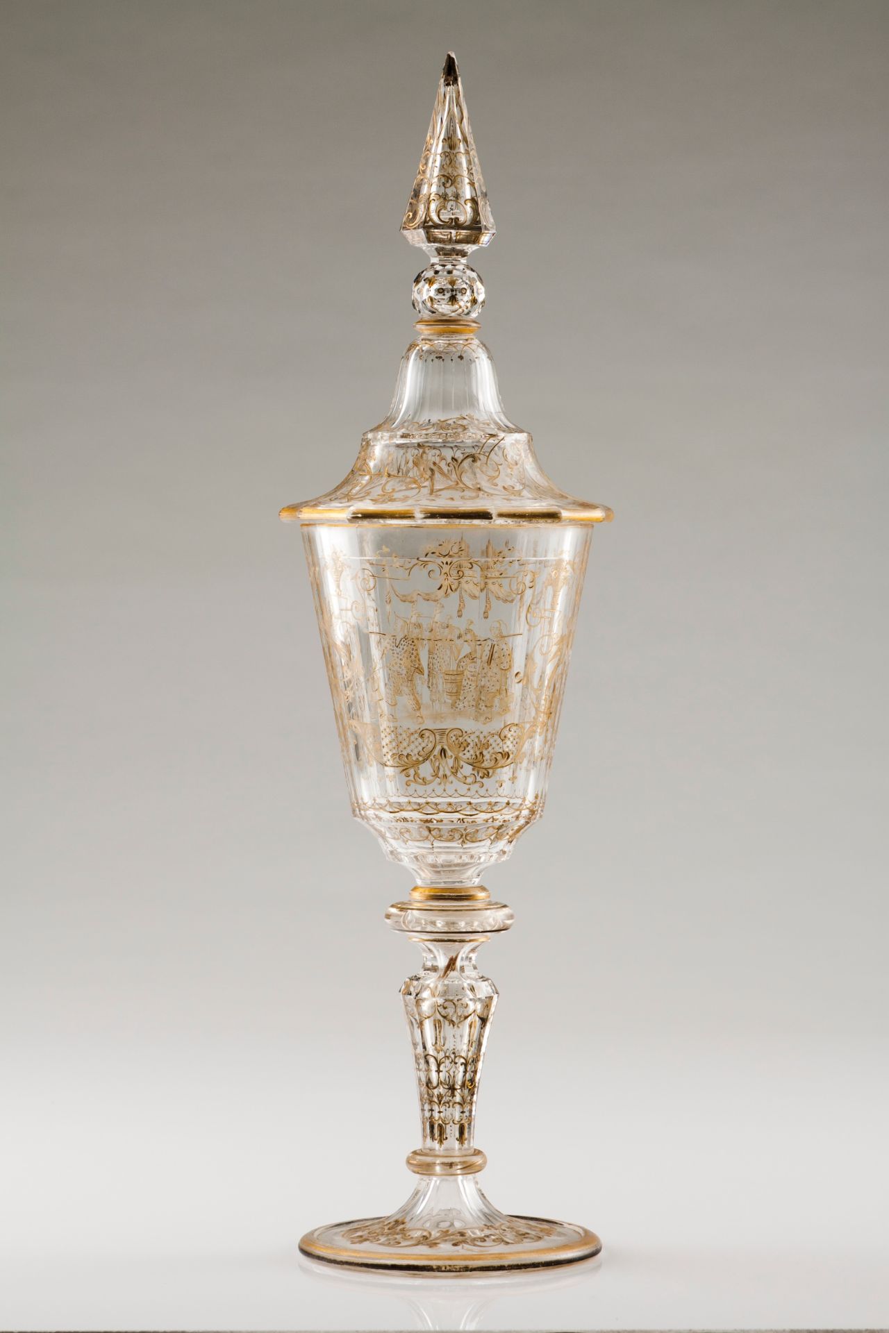 A large footed glass with coverBohemian crystal Gilt decoration of scrolls, foliage motifs and C