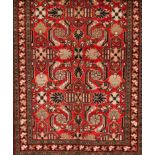 A Mahal rug, IranWool and cotton of geometric and floral pattern in bordeaux, green and beige sh