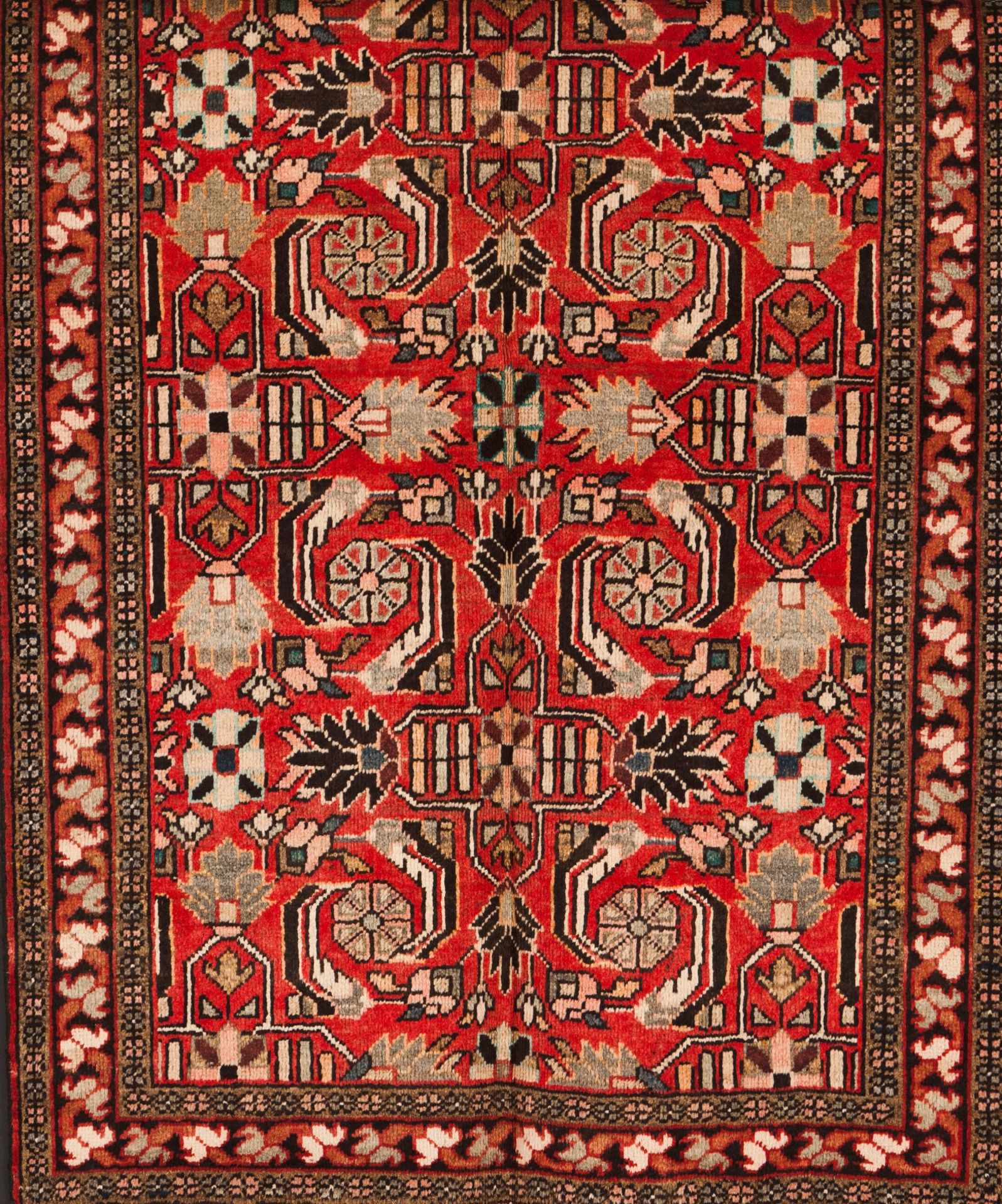 A Mahal rug, IranWool and cotton of geometric and floral pattern in bordeaux, green and beige sh