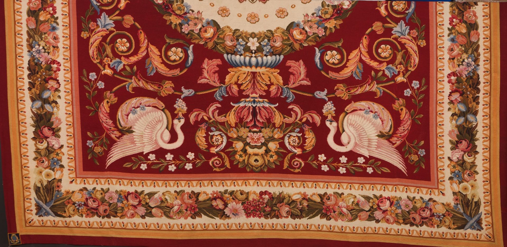 An Aubusson style carpetWool and cotton Central medallion, foliage scrolls, swans and flower gar