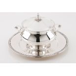 A tureen with cover and trayPortuguese silver Plain body on circular foot Bell shaped lid pommel