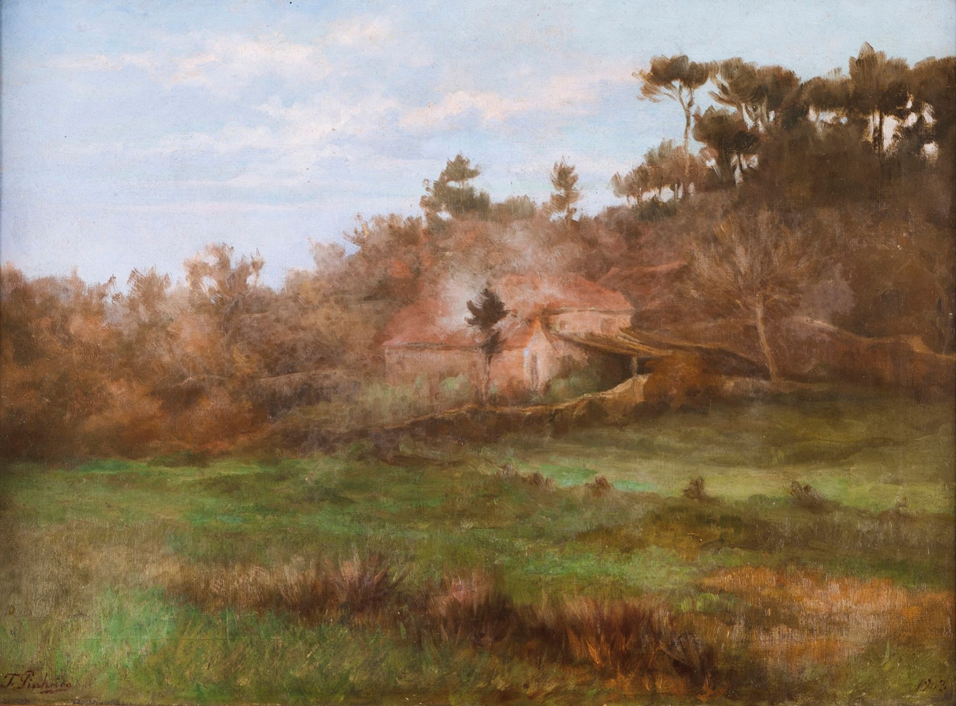 Torcato Pinheiro (1850-1910)A landscape with trees and buildingsOil on canvas Signed and date