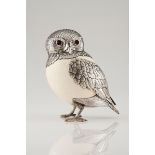 An owlSilver and ostrich egg Moulded decoration of engraved and chiselled feathers with applied