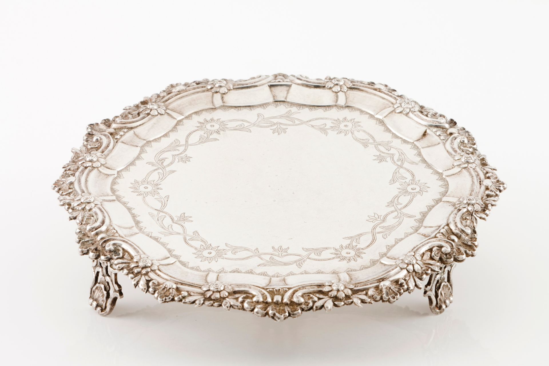 A D.José / D.Maria card trayPortuguese silver, 18th / 19th century Chiselled centre of floral an