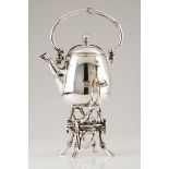 A kettle on stand and burnerSilvered metal Plain decoration of twisted threads on 4 sleeper feet