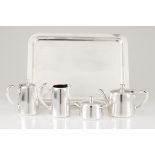 A tea and coffee setChristofle Teapot, coffeepot, sugar bowl, milk jug and tray Plain decoration15