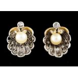 A pair of earringsSilver and gold Shell shaped set with small rose cut diamonds and pearl (ca. 5,5