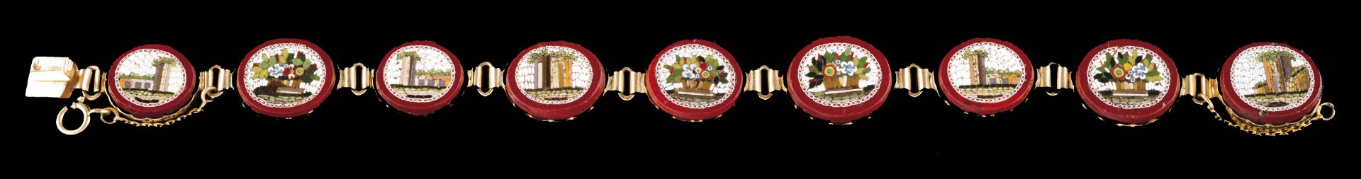 A braceletPortuguese gold Articulated links set with micro mosaic plaques with flowers and buildings